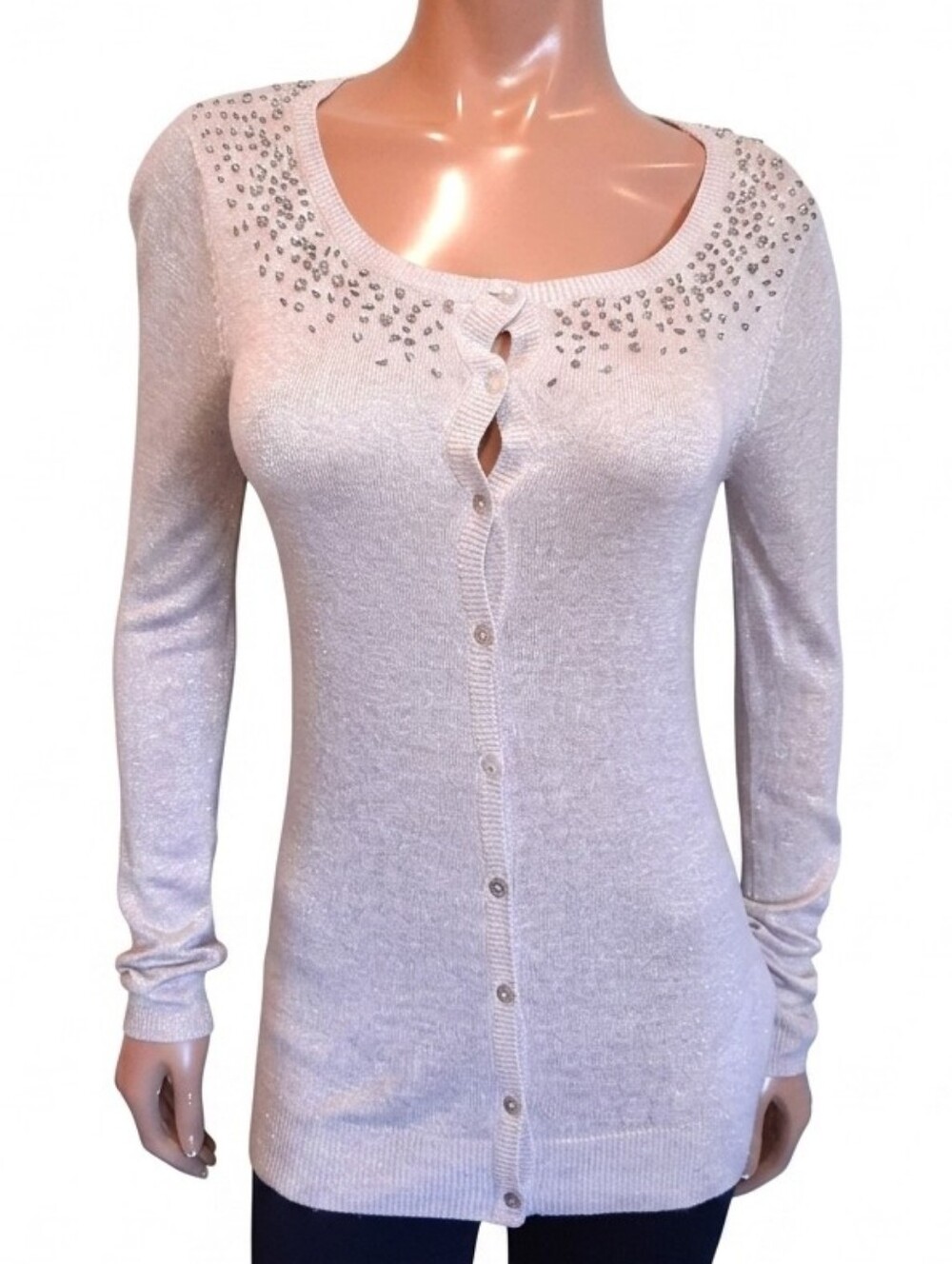Costa Blanca Beaded Buttoned Cardigan Sweater Cream Soft Viscose Knit Medium